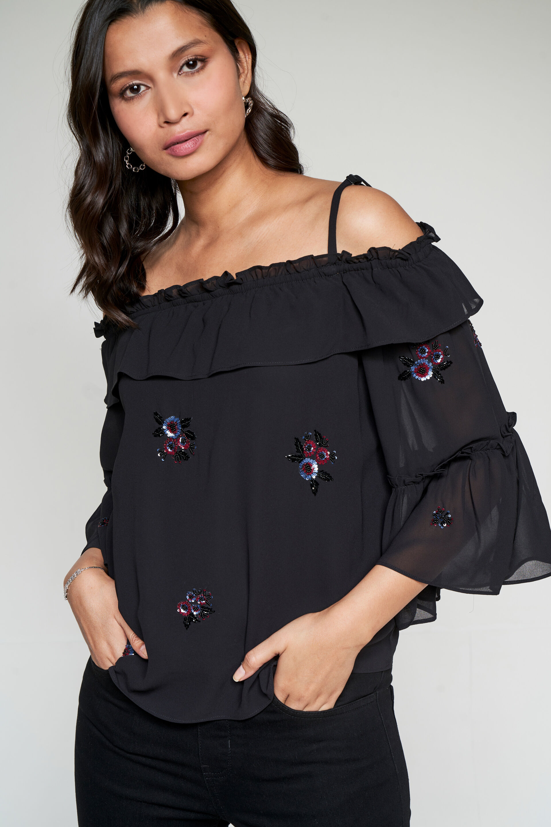 Black Embellished Off-Shoulder Top, Black, image 1